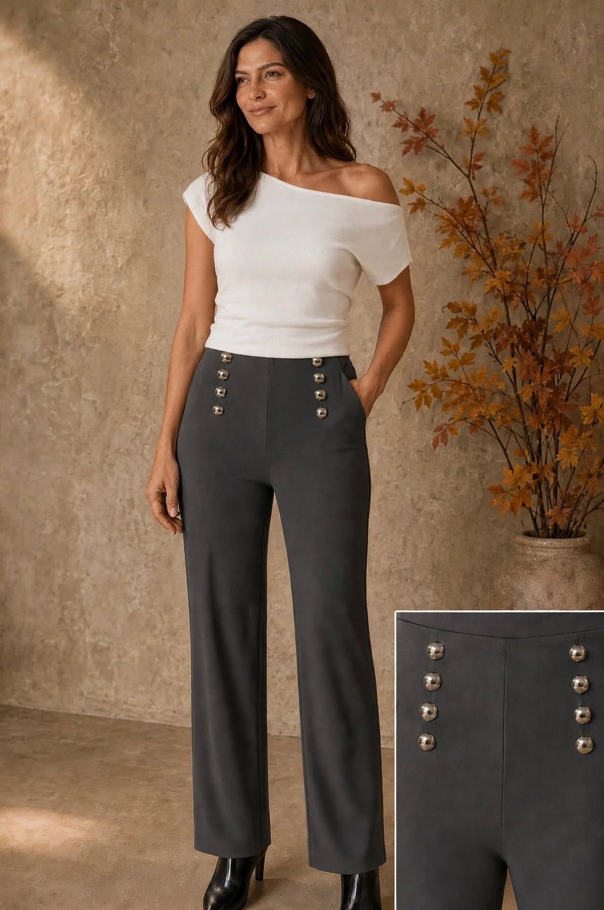 Charcoal High Waisted Scuba Stretch Wide Leg Trousers