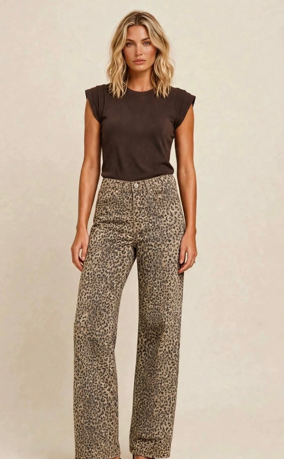 Laulila Light Brown Leopard Print Wide-Leg Jeans