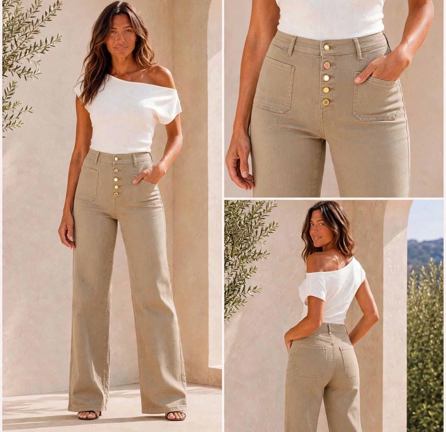 Foly Rose Wide Leg Beige Front Pocket Jeans 6