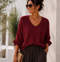 Wine Ruffle Sleeve Soft Knit V-Neck Top