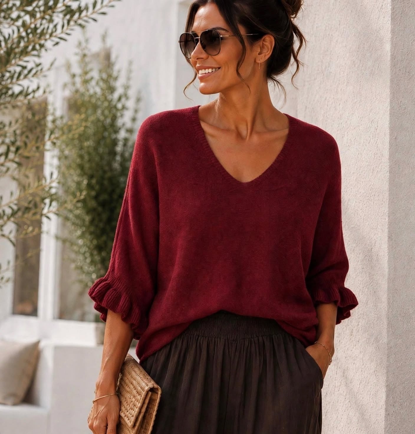 Wine Ruffle Sleeve Soft Knit V-Neck Top