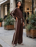 Chocolate & Cream Double Stripe Bubble Hem Wide-Leg Co-ord Set