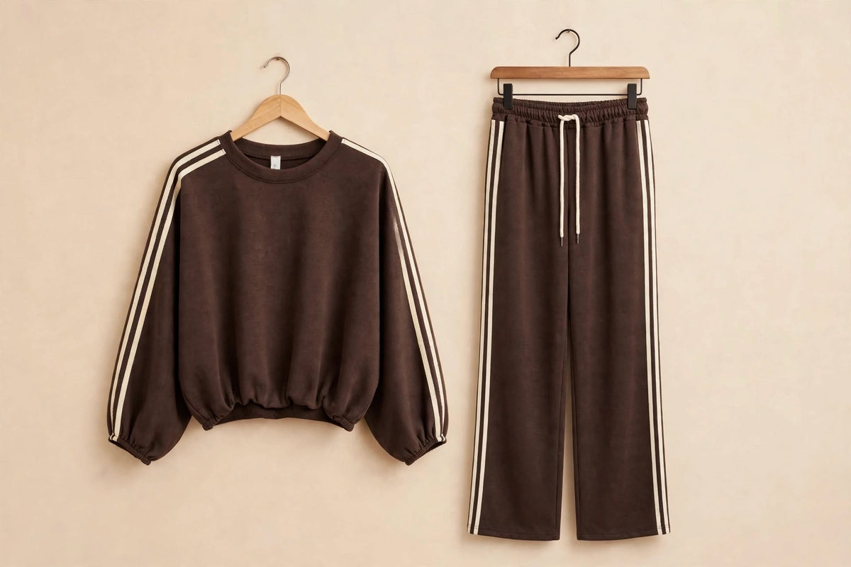 Chocolate & Cream Double Stripe Bubble Hem Wide-Leg Co-ord Set