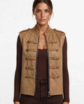 Beige Military Button Detail Zip-Up Suede Gilet