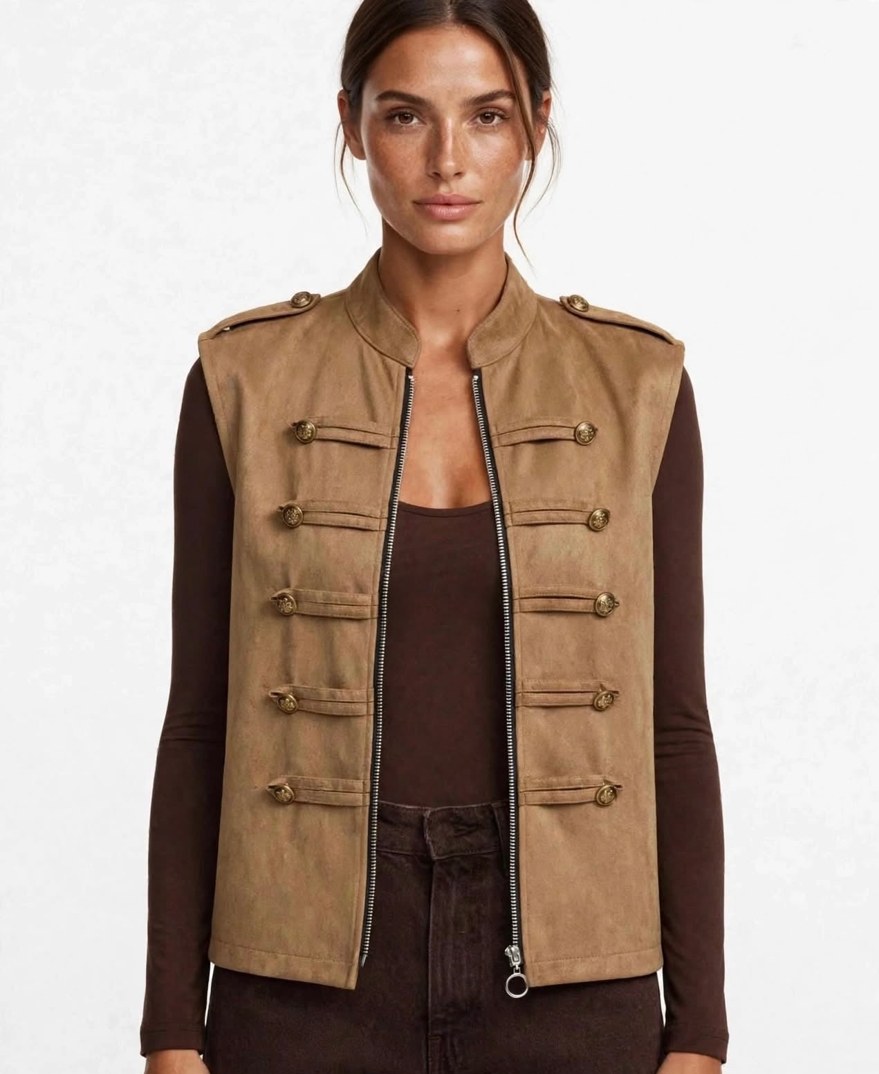 Beige Military Button Detail Zip-Up Suede Gilet