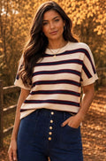 Wine Navy & Cream Soft Knit Striped Short-Sleeve Top