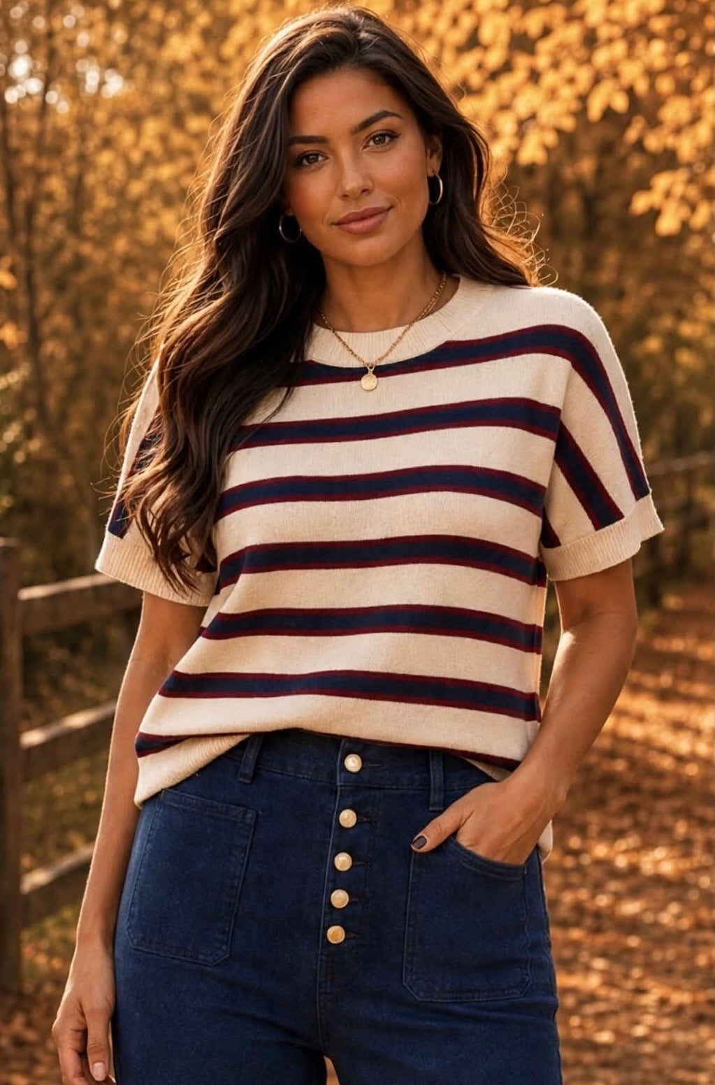 Wine Navy & Cream Soft Knit Striped Short-Sleeve Top