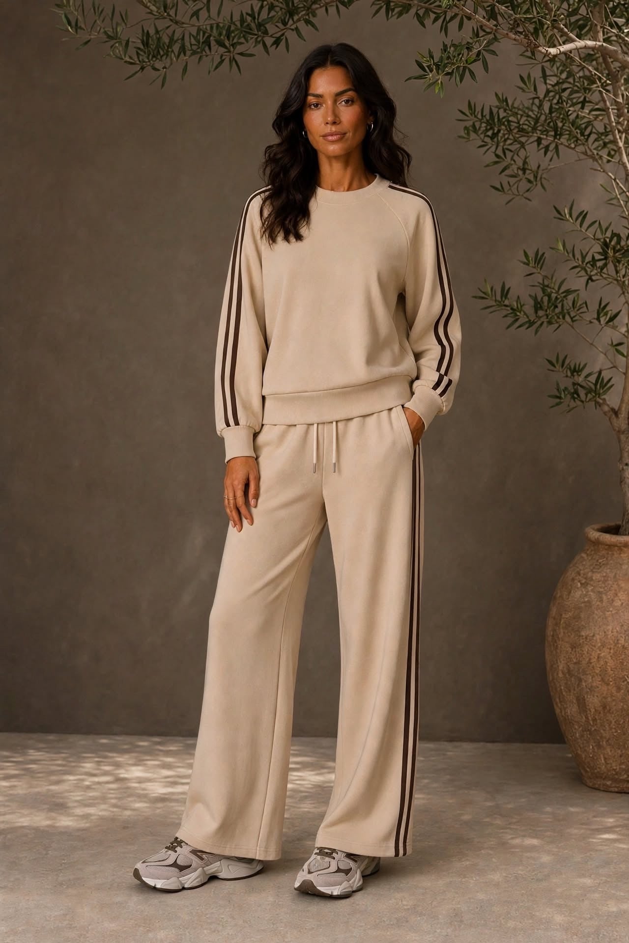 The Cream with Choco Double-Stripe Wide-Leg Co ord Set
