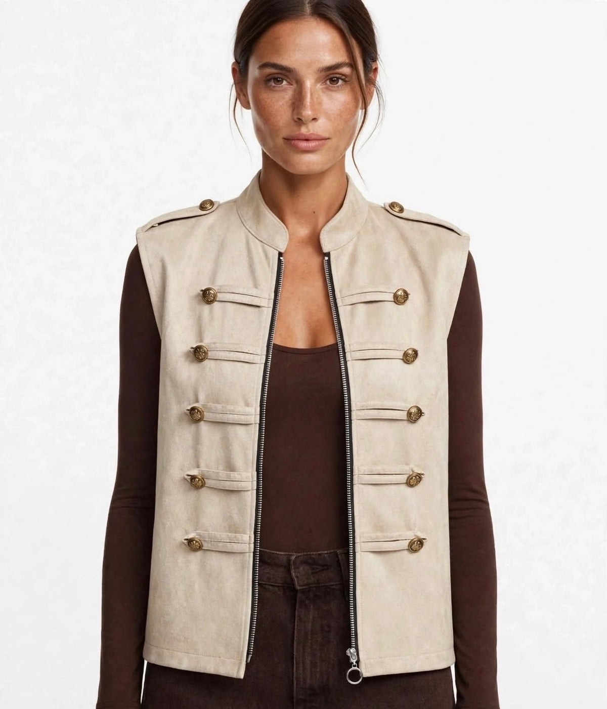 Cream Military Button Detail Zip-Up Suede Gilet