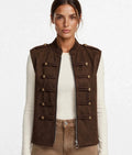 Chocolate Military Button Detail Zip-Up Suede Gilet