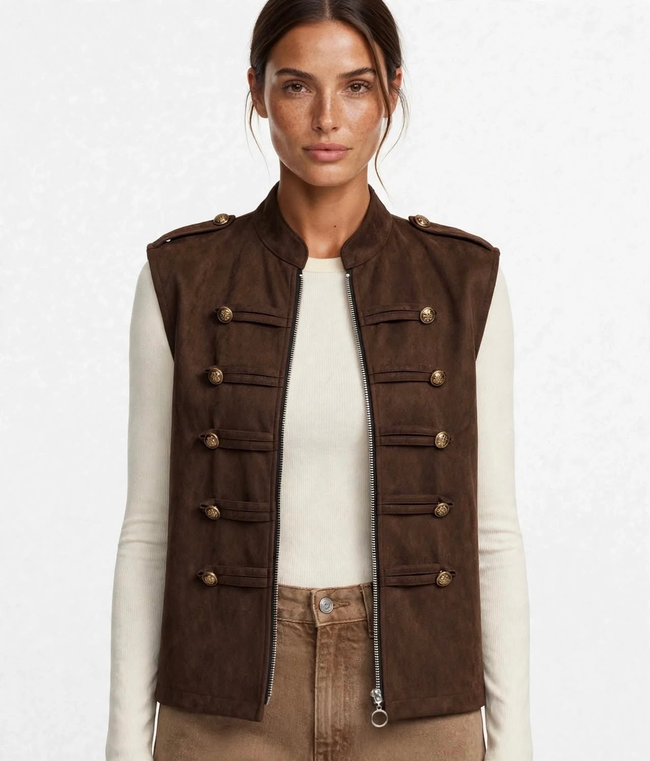 Chocolate Military Button Detail Zip-Up Suede Gilet