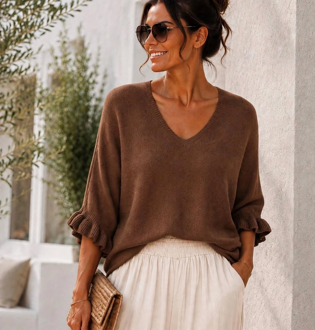 Chocolate Ruffle Sleeve Soft Knit V-Neck Top