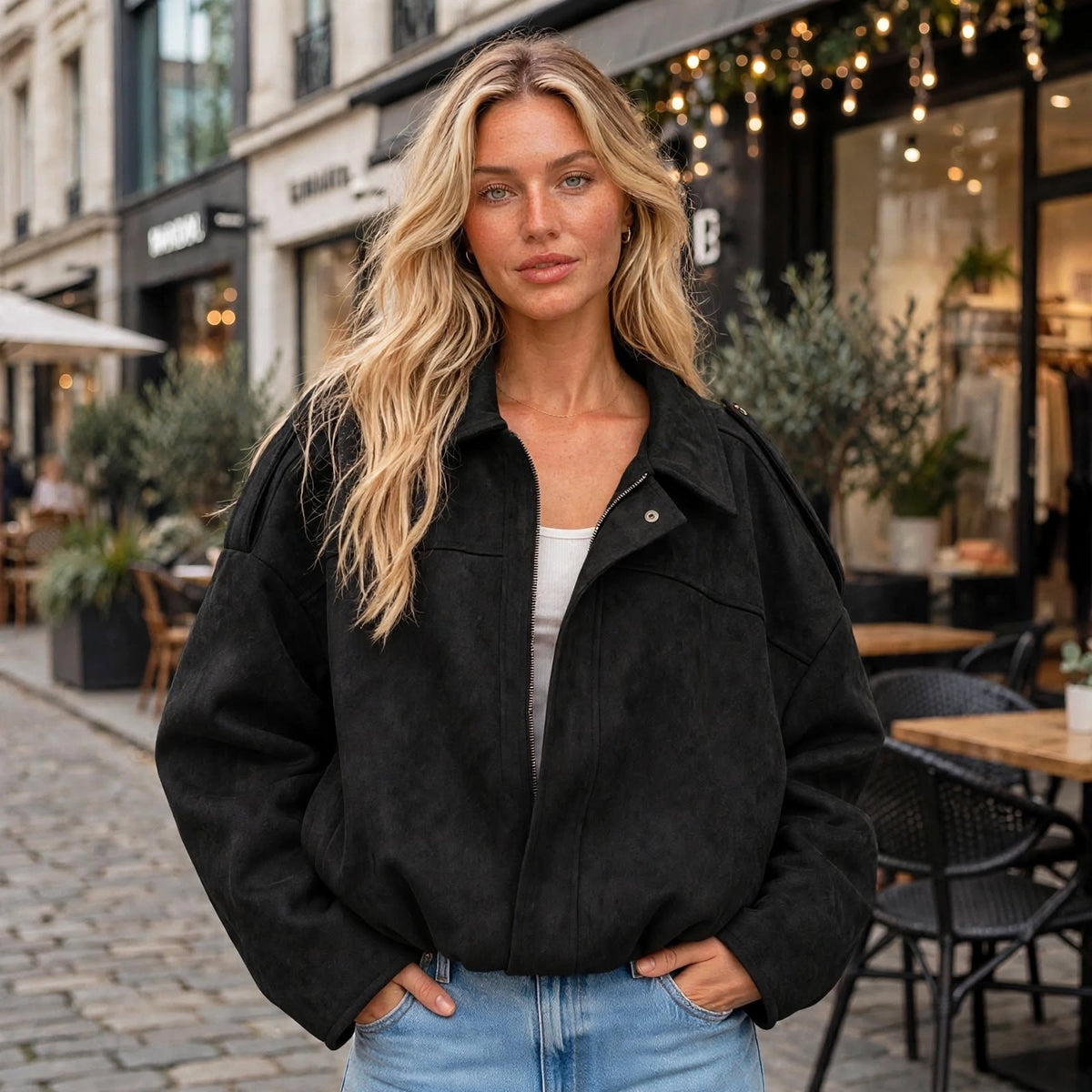 Black Faux Suede Relaxed Fit Bomber Jacket