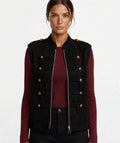 Black Military Button Detail Zip-Up Suede Gilet