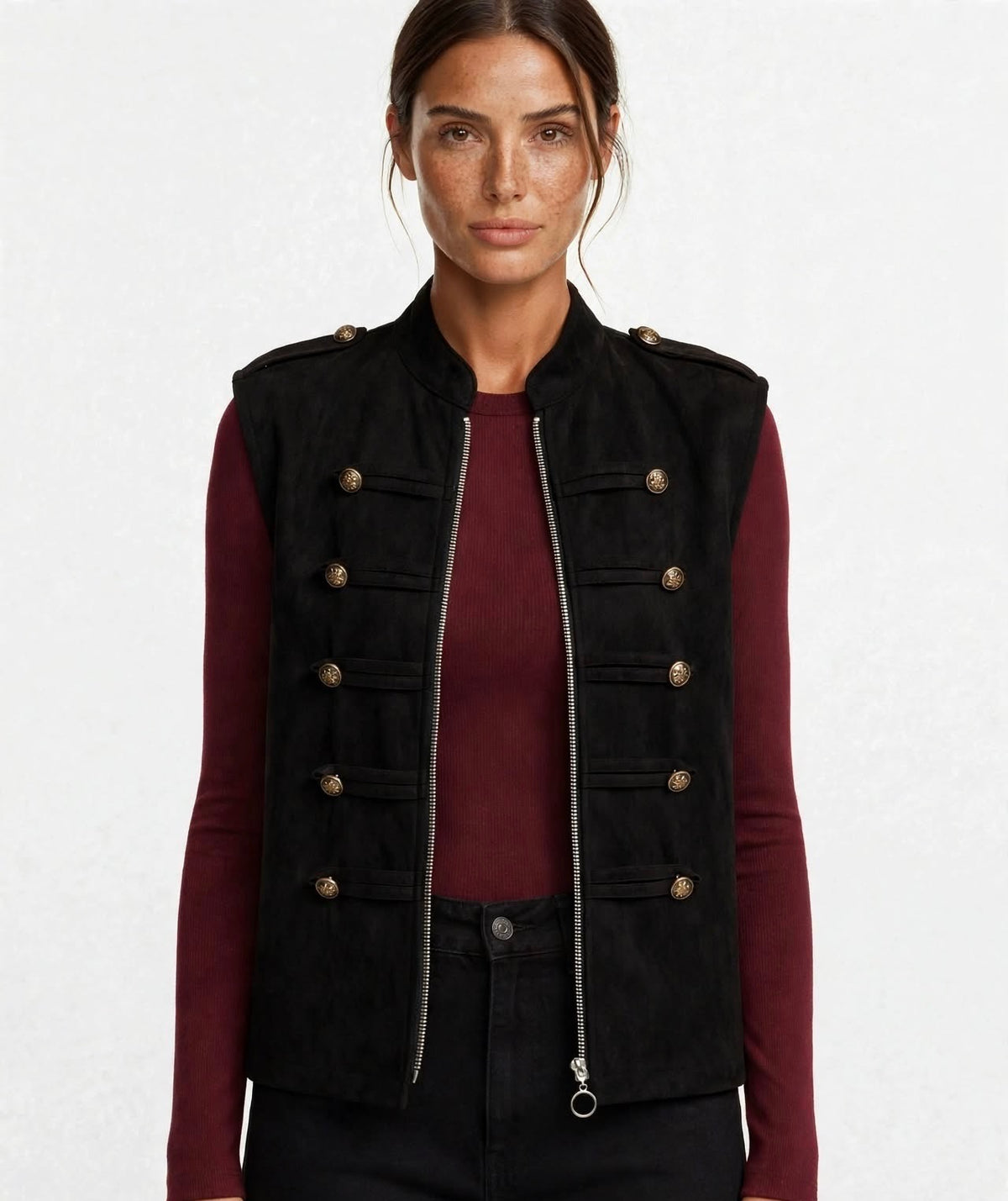 Black Military Button Detail Zip-Up Suede Gilet