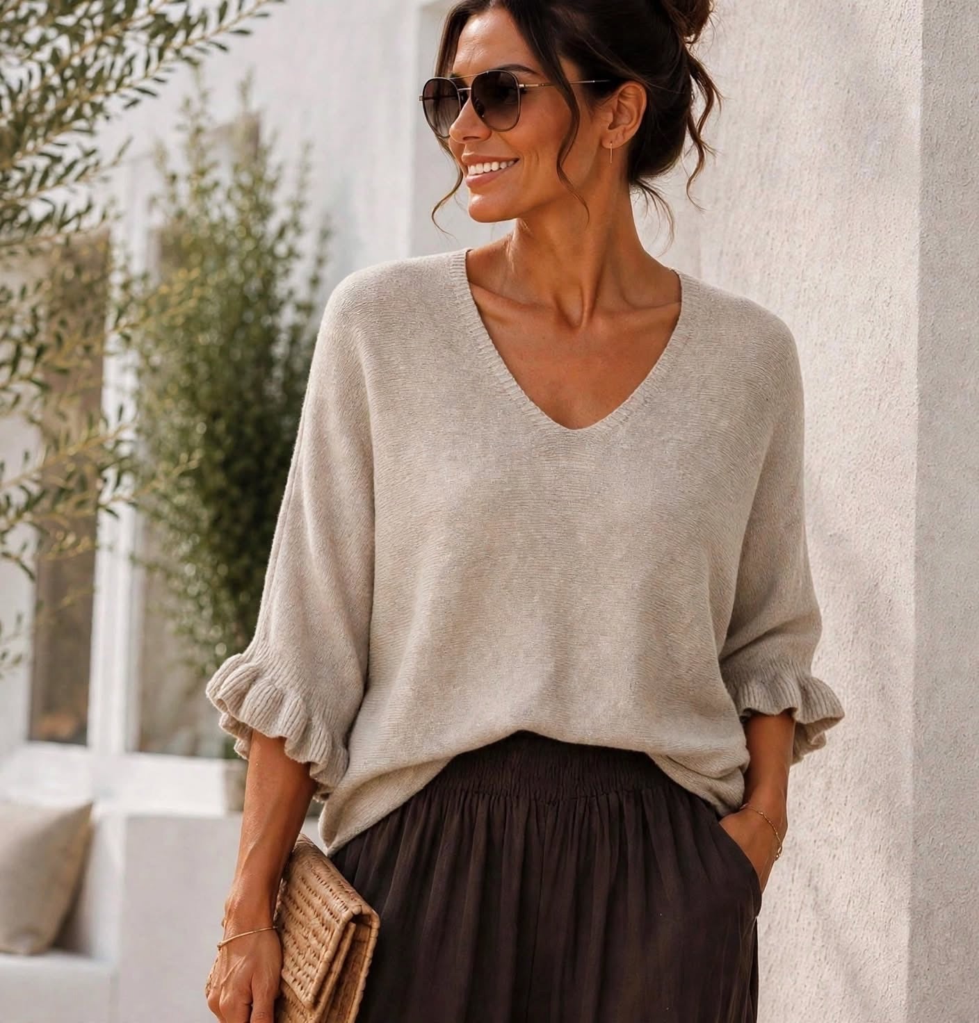 Beige Ruffle Sleeve Soft Knit V-Neck Top