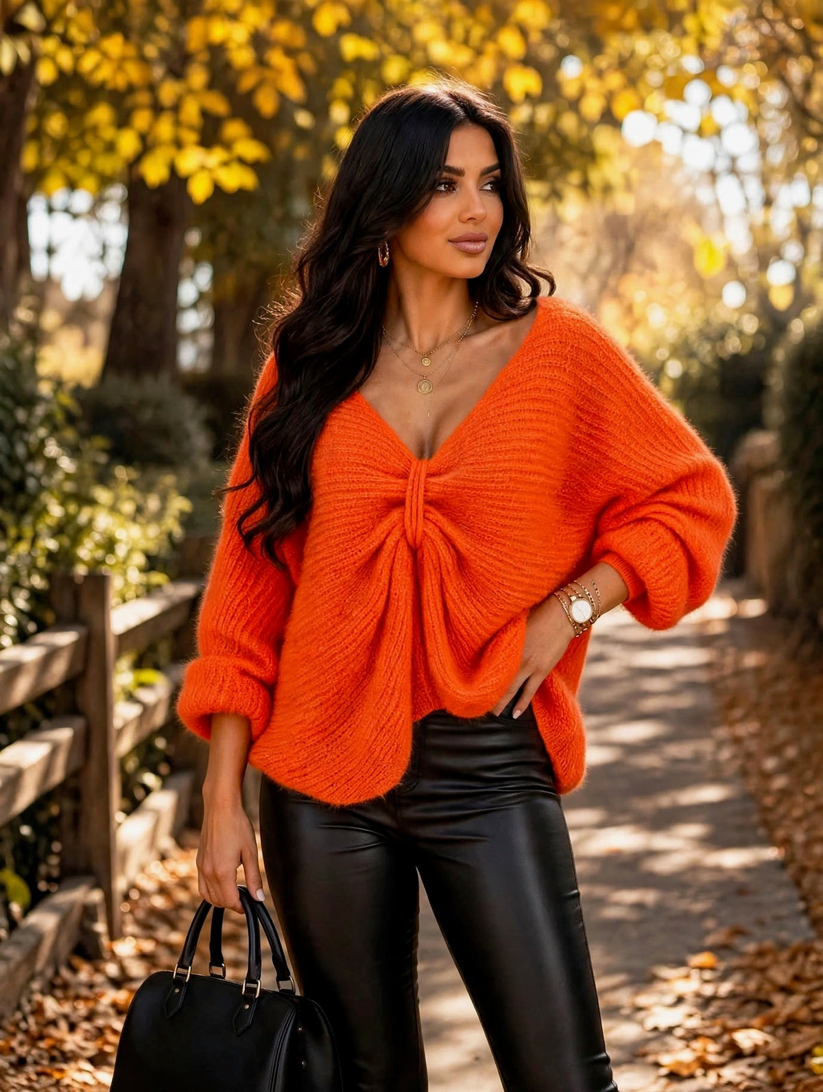 Bright Orange Soft Chunky Knit Bow Batwing Jumper