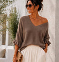Taupe Ruffle Sleeve Soft Knit V-Neck Top