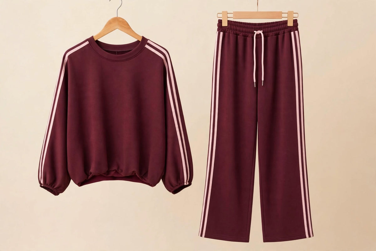 Wine & Pastel Pink Double Stripe Bubble Hem Wide-Leg Co-ord Set