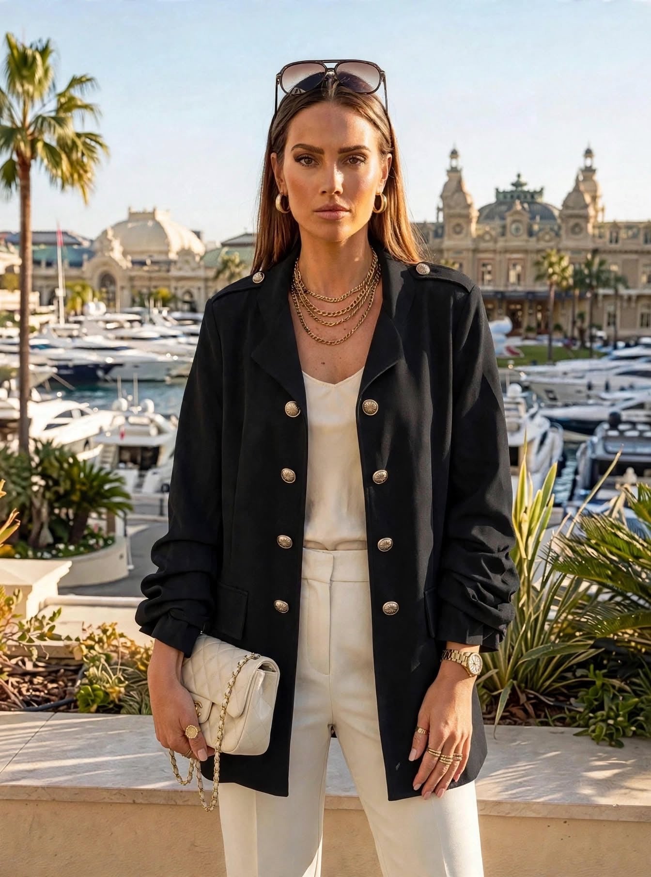 Black Gold Button Ruched Sleeve Longline Military Jacket