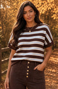 Blue, Chocolate & Cream Soft Knit Striped Short-Sleeve Top
