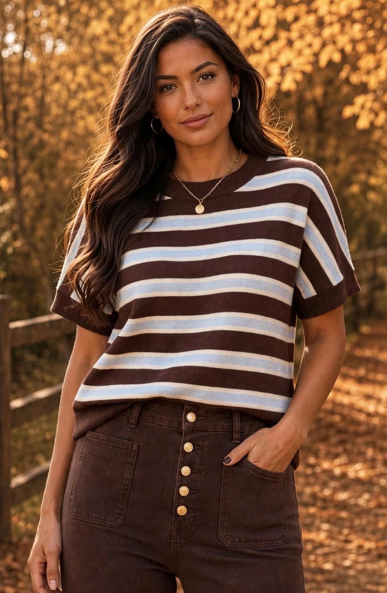 Blue, Chocolate & Cream Soft Knit Striped Short-Sleeve Top