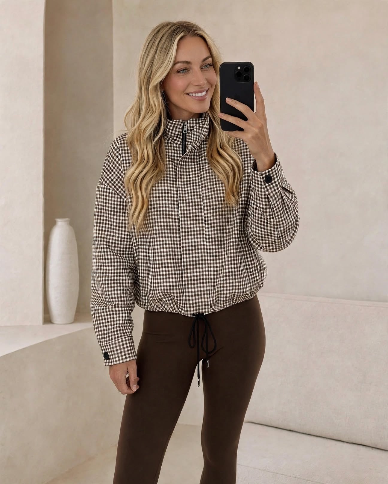 Dark Chocolate Gingham Drawstring Hem Zip Jacket