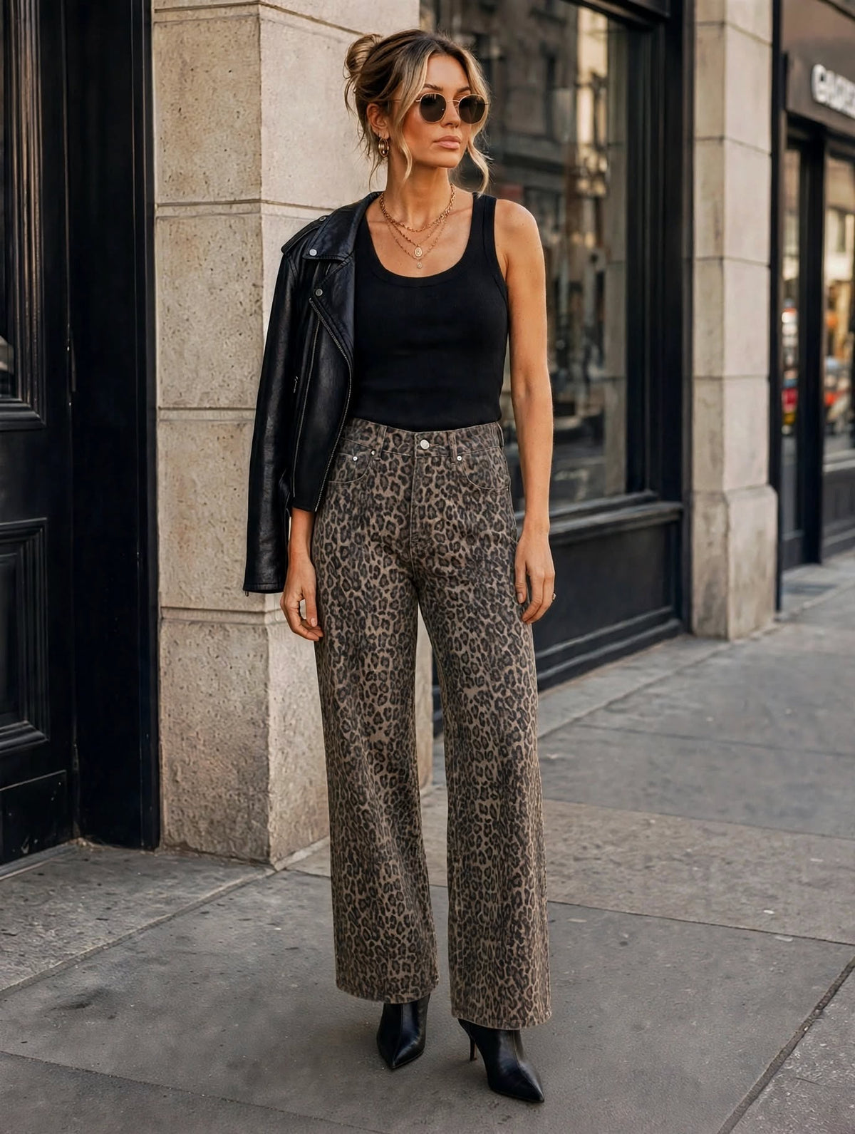 Laulila Dark Brown Leopard Print Wide-Leg Jeans