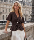Chocolate Luxe Pearl-Detail Wrap Top