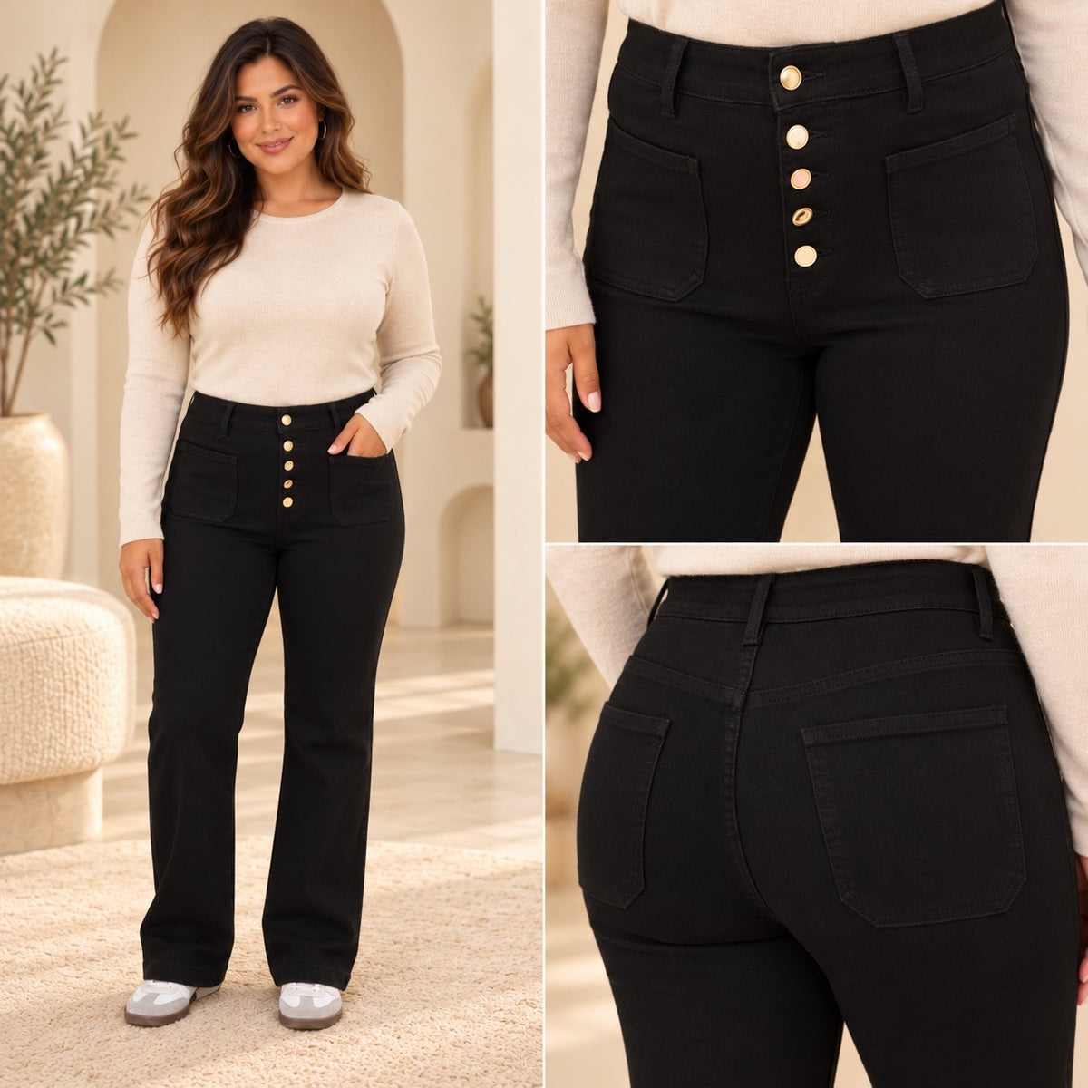 Black Curvy Multi-Colour Button Wide Leg Jeans