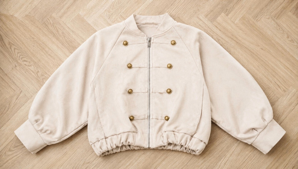 Cream Suede Military Cropped Bomber Jacket