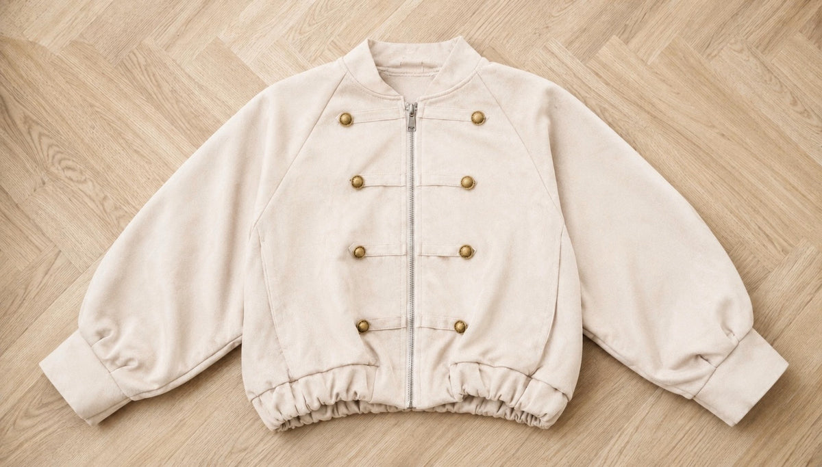 Cream Suede Military Cropped Bomber Jacket