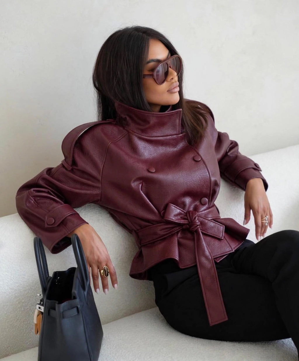 Luxe High Neck Belted Burgundy PU Jacket (Copy)