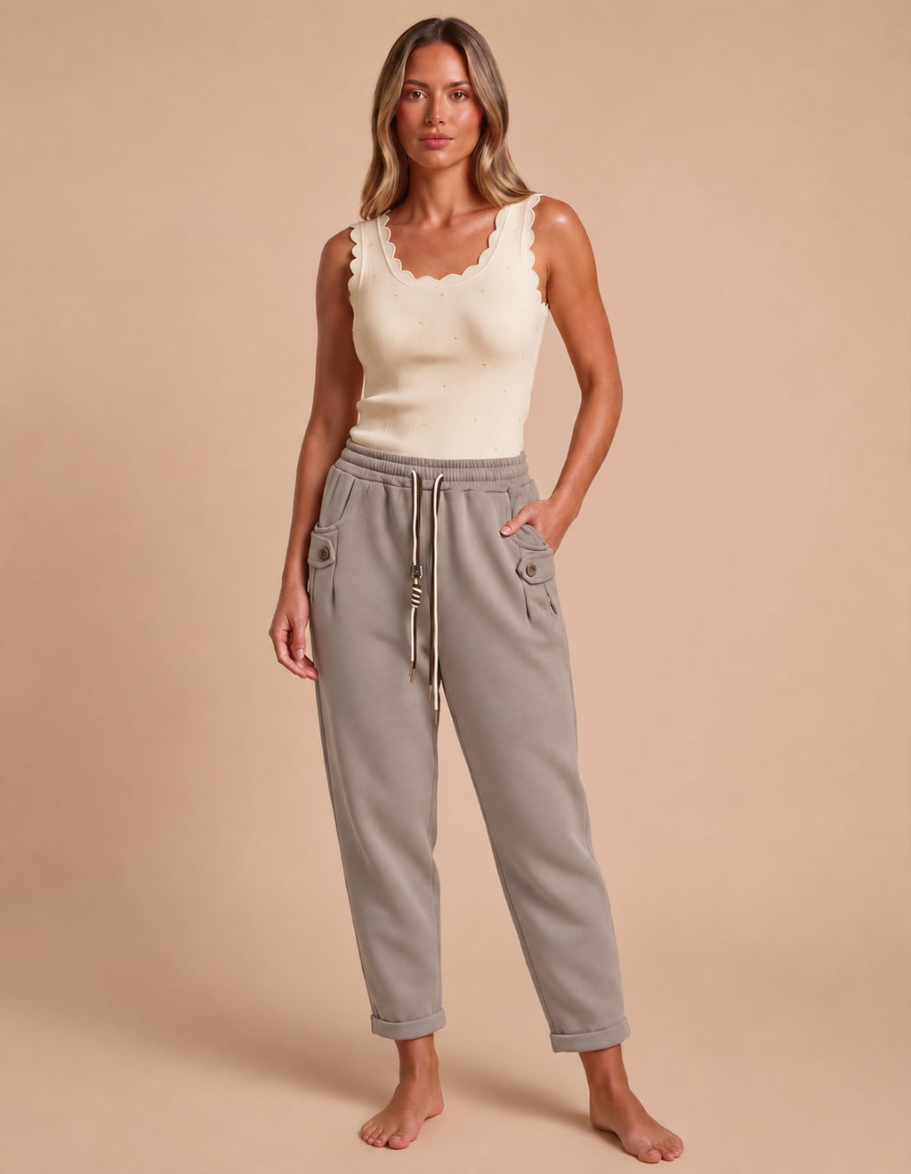 Taupe Button-Tab Barrel Fit Joggers