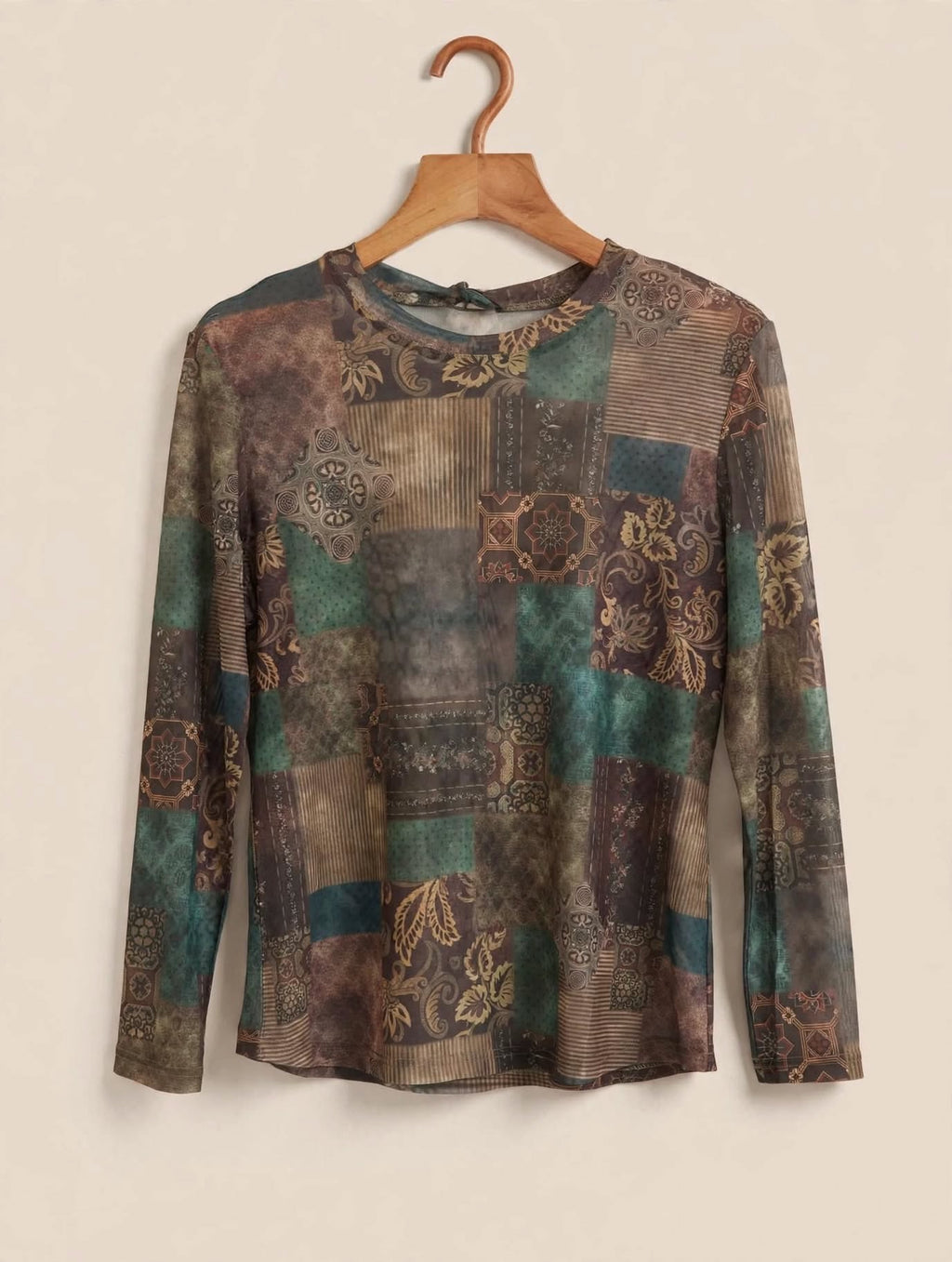 Vintage Patchwork Long-Sleeve Mesh Top