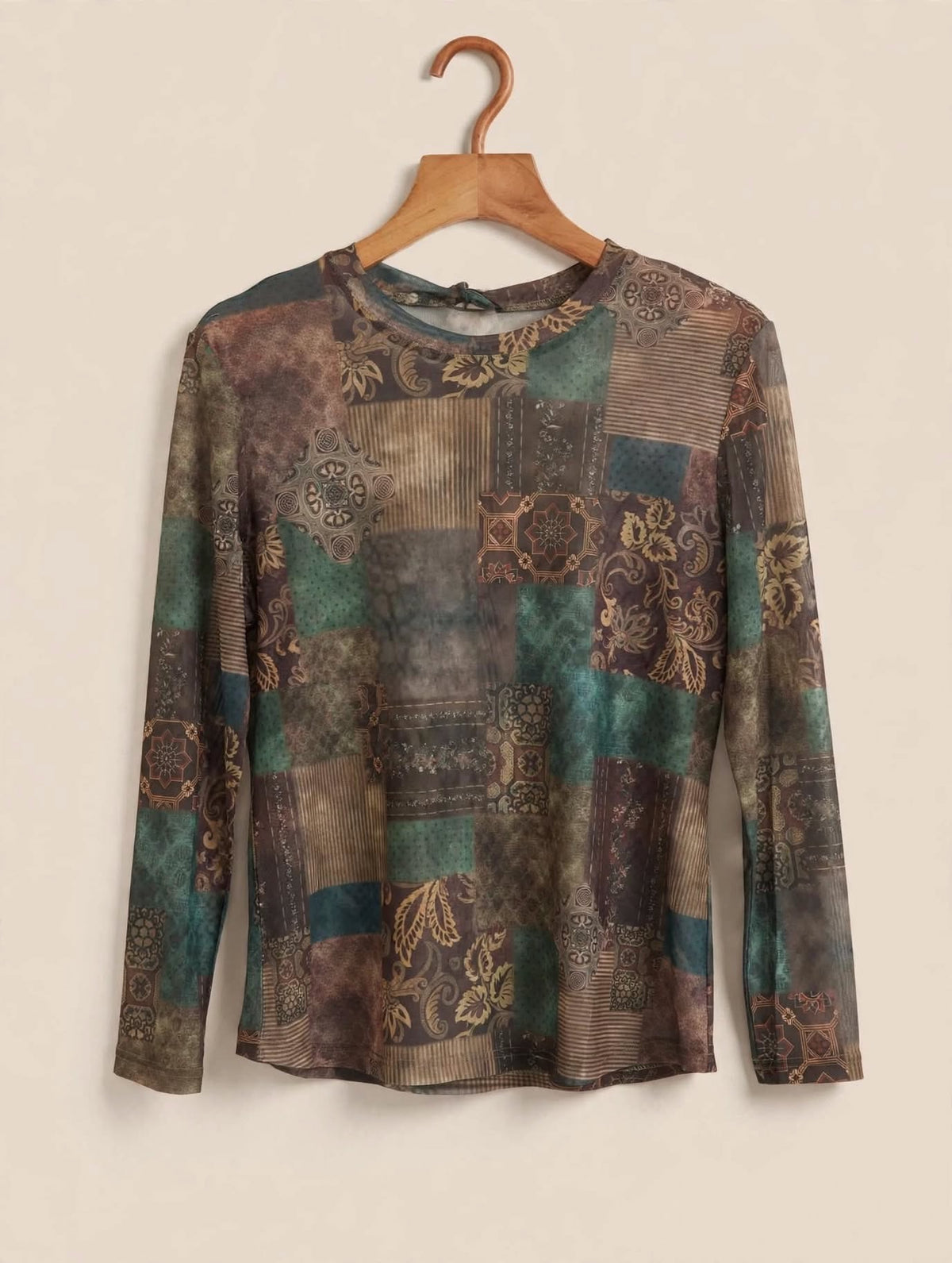 Vintage Patchwork Long-Sleeve Mesh Top
