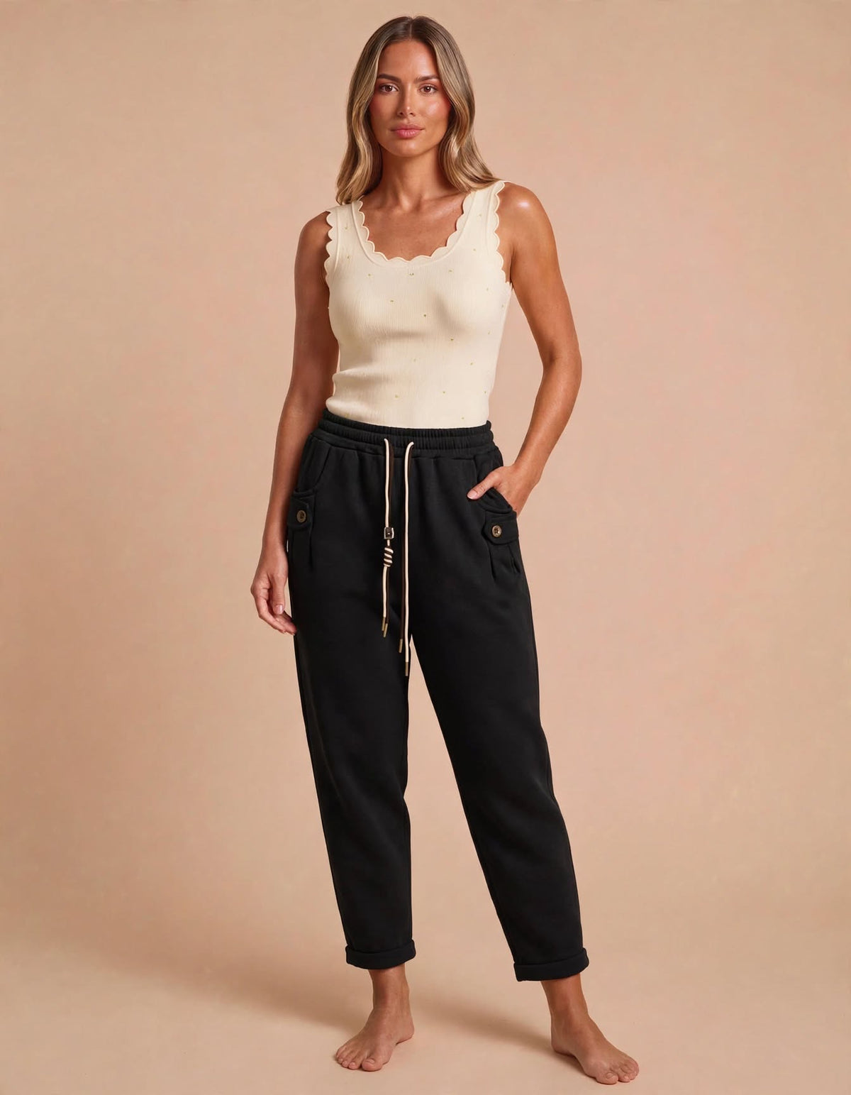 Black Button-Tab Barrel Fit Joggers