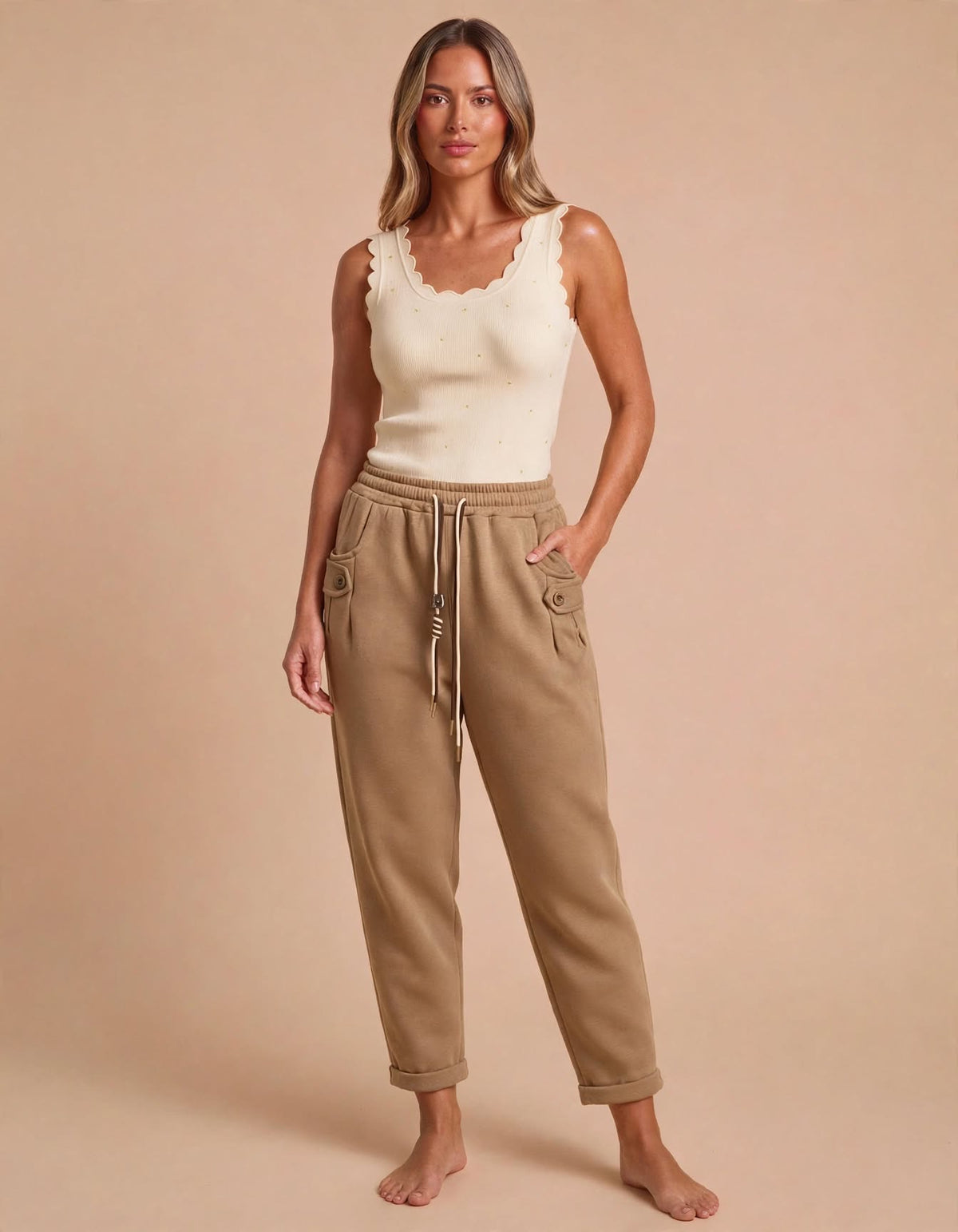 Caramel Button-Tab Barrel Fit Joggers