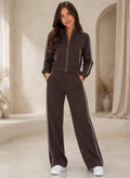 Chocolate Contrast Piping Zip Up Coord Set (Available in Other Colours)