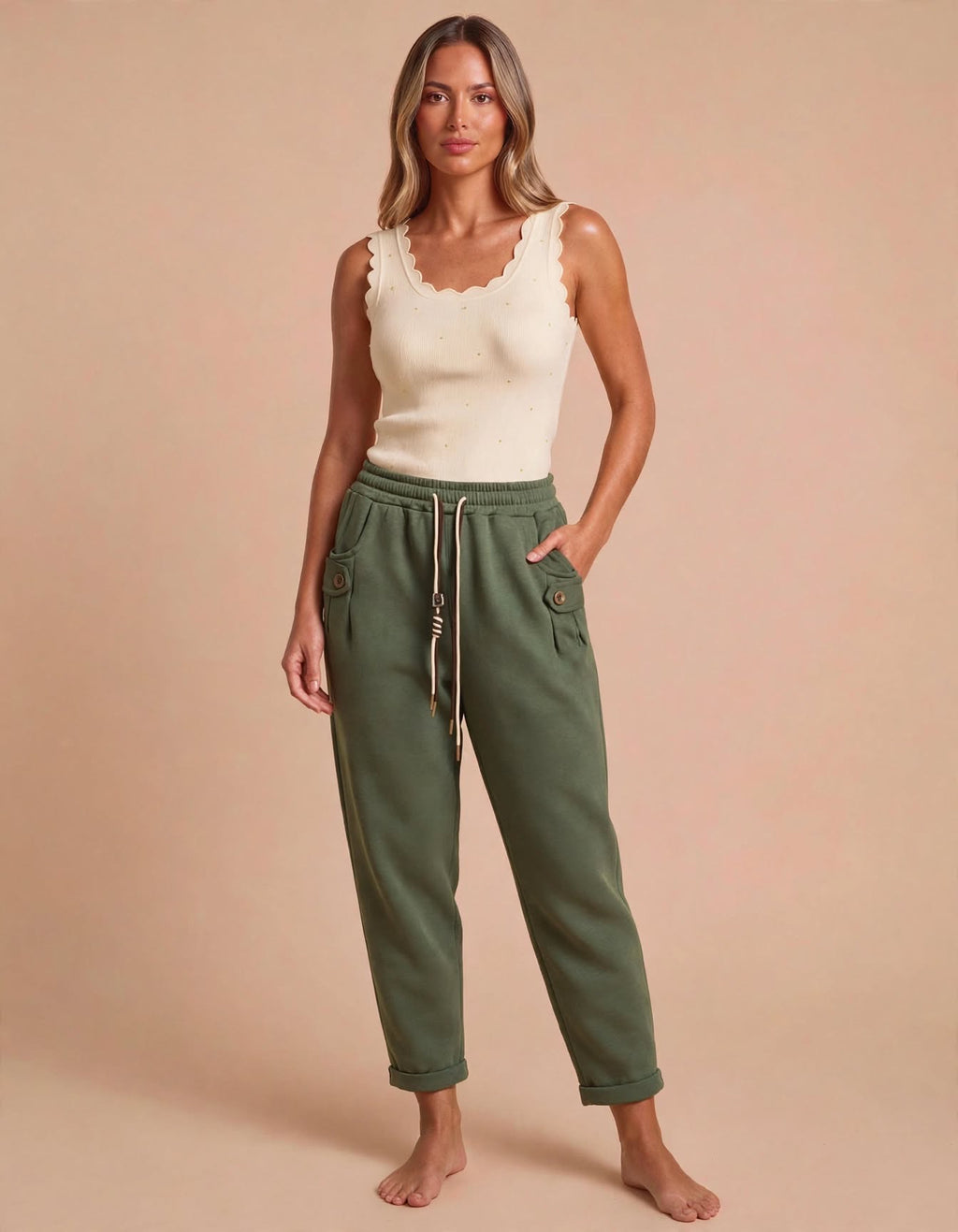 Khaki Button-Tab Barrel Fit Joggers