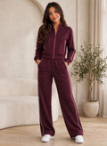 Wine Contrast Piping Zip Up Coord Set