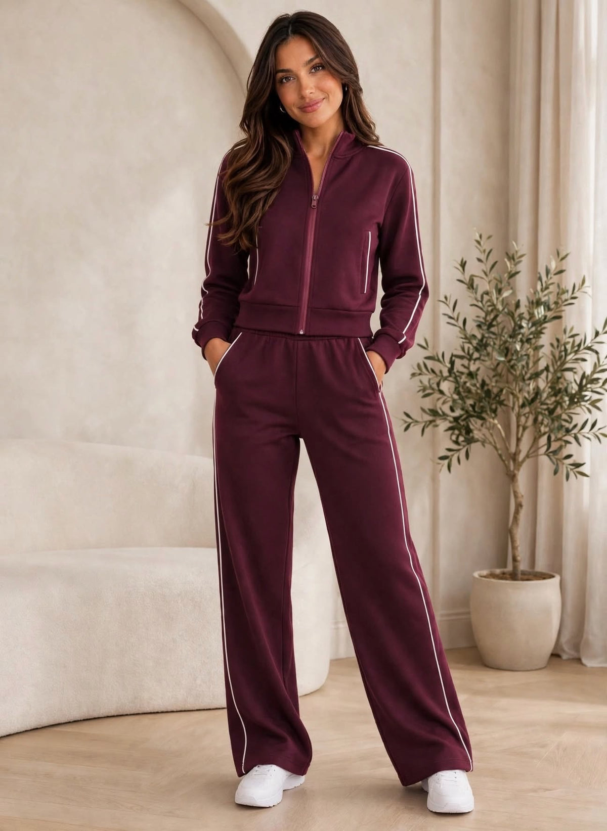 Wine Contrast Piping Zip Up Coord Set