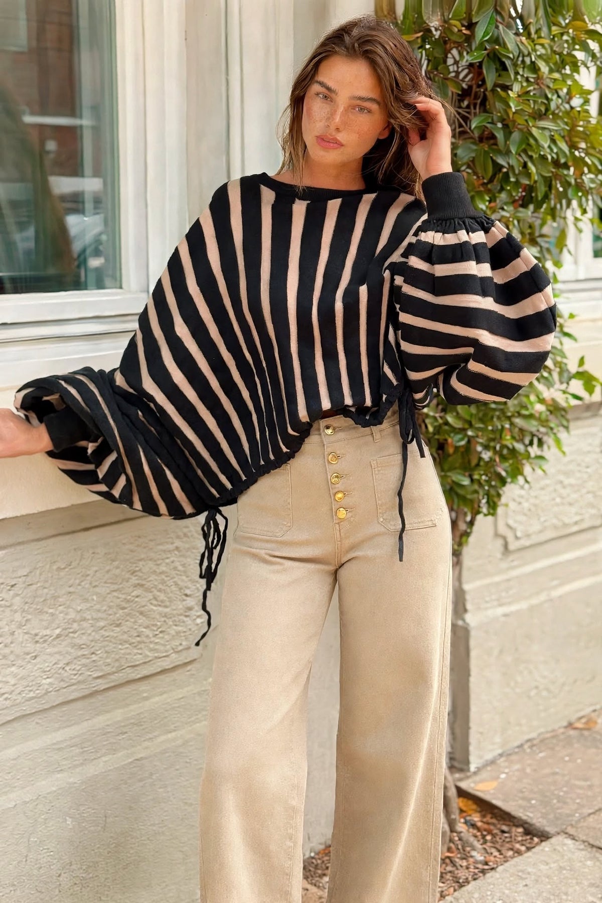 The Black & Beige Balloon Sleeve Knit Top (available in other colours)