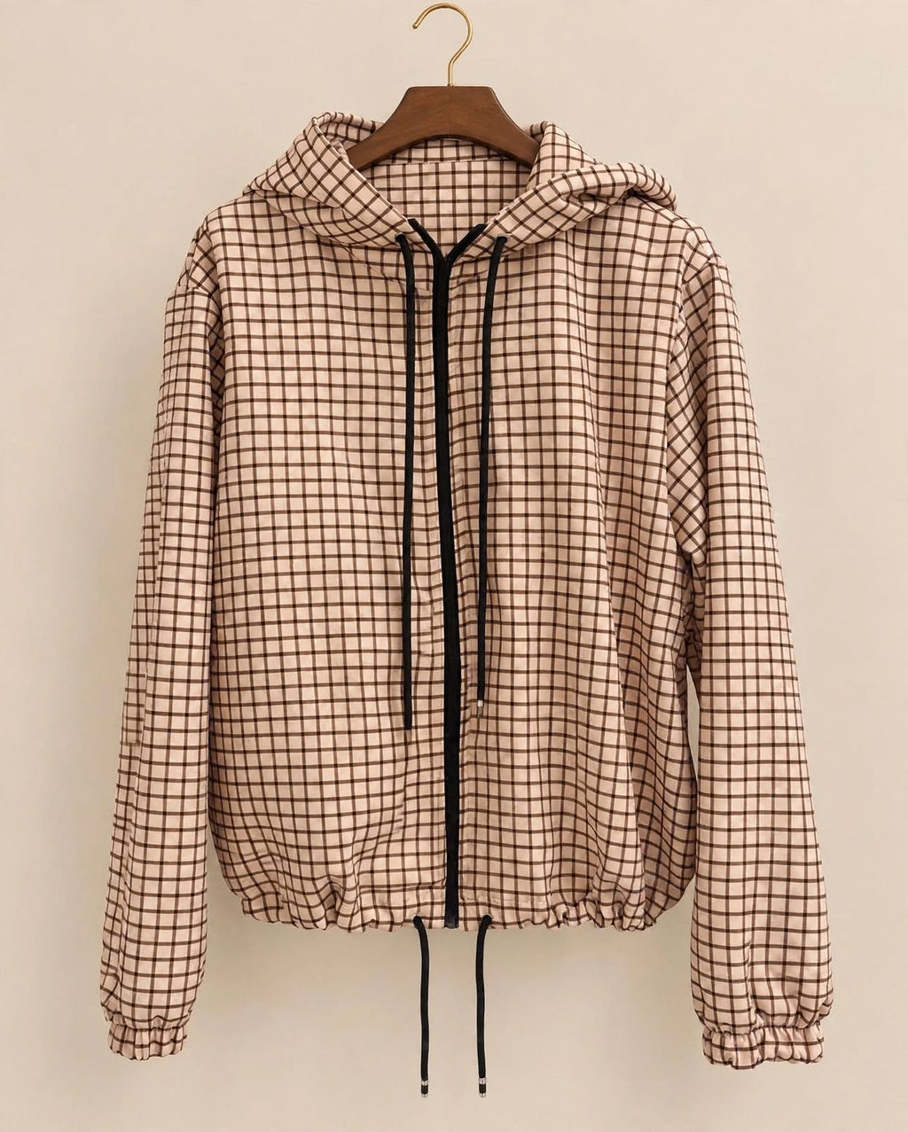 Brown & Beige Check Print Hooded Jacket