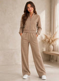 Beige Contrast Piping Zip Up Coord Set