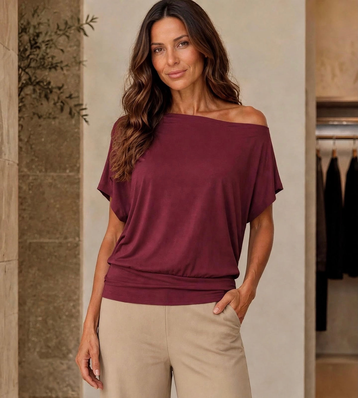 Wine Slouchy Boat Neck Top