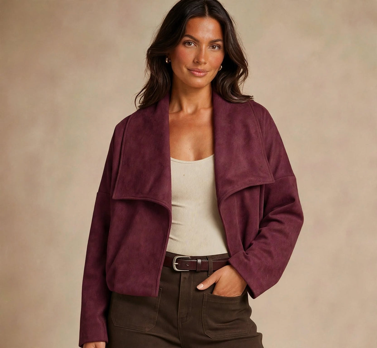 Wine Inspired Faux Suede Wrap Jacket (Available in Other Colours)