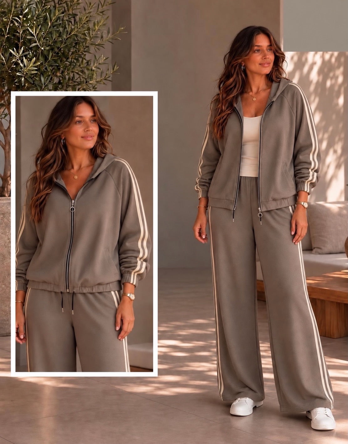 Curvy Taupe Luxe Side Stripe Tracksuit (available in other colours)