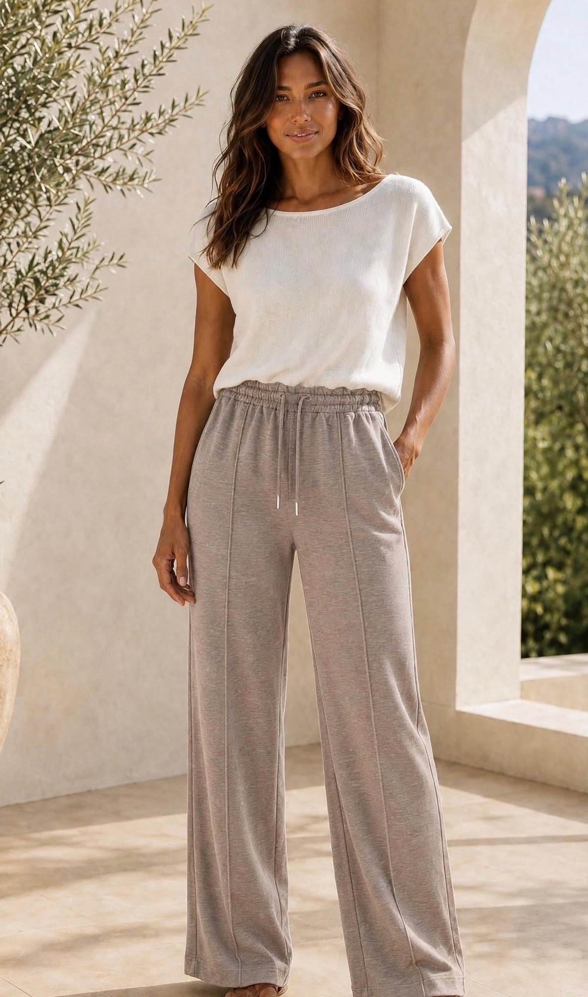 Taupe Stone Wash Tailored Wide Leg Piped Joggers