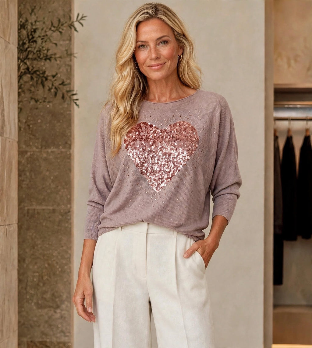 Rose gold Sequin Heart Batwing Top